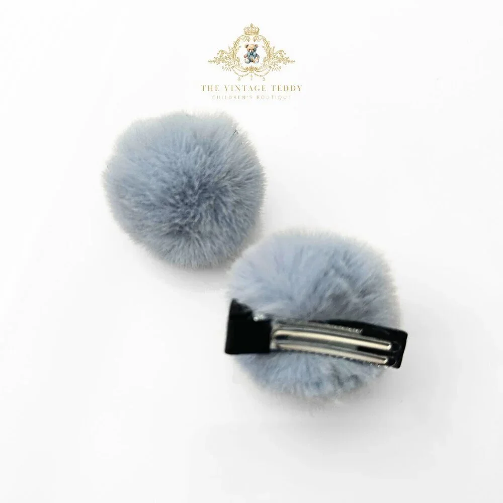 Cute Girls Pom Pom Hair Clips Boutique Hair Accessories for Girls Faux Fur Grey